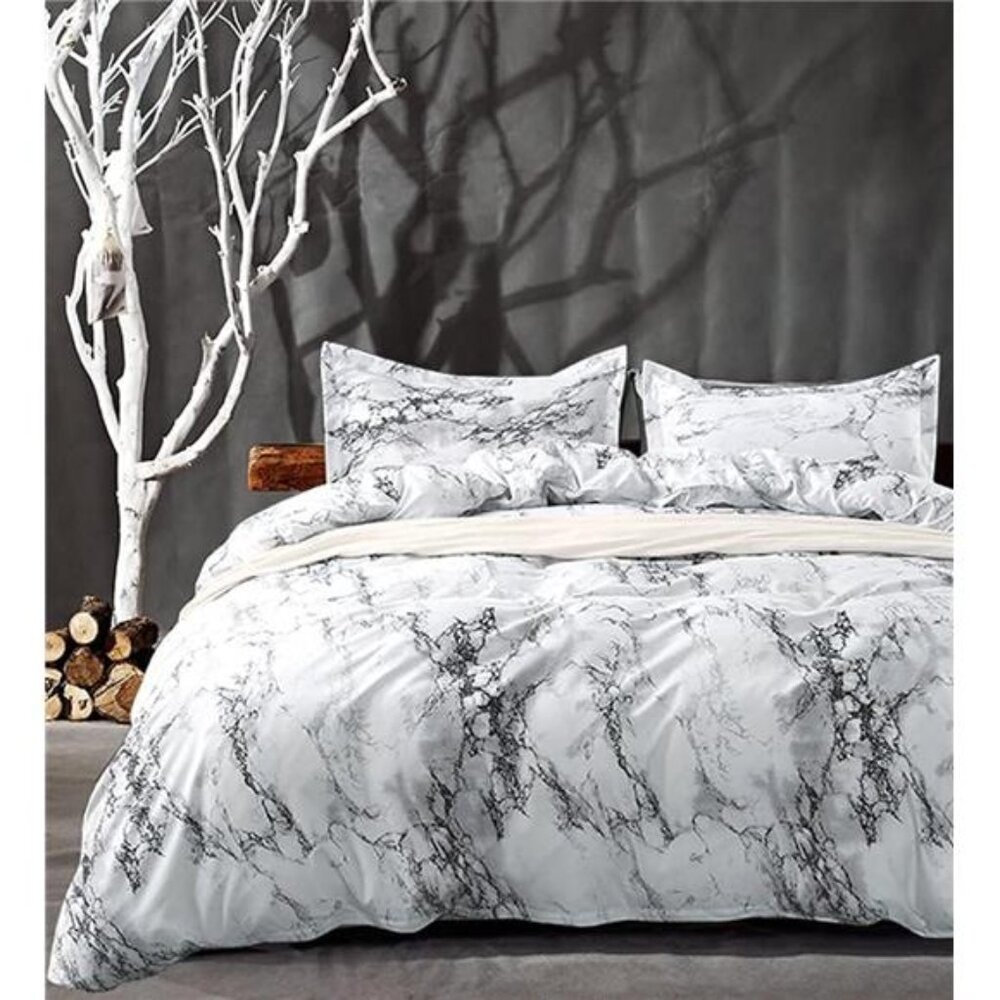 Comforter Set Queen Size, White Black Marble Print 88 x 90 inch Reversible Down